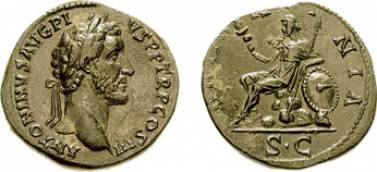 Roman coin © Classical Numismatic Group <a href='https://commons.wikimedia.org/wiki/File:Antoninus_Pius_%C3%86_Sestertius_RIC_0742.jpg'target='_new'>Wikimedia Commons</a>