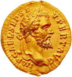 Gold coins showing Septimius Severus, © CNG Coins, <a href='https://commons.wikimedia.org/wiki/File:Aureus_Septimius_Severus-193-leg_XIIII_GMV_One_Side.jpg'target='_new'>Wikimedia Commons</a> The End of Empire I